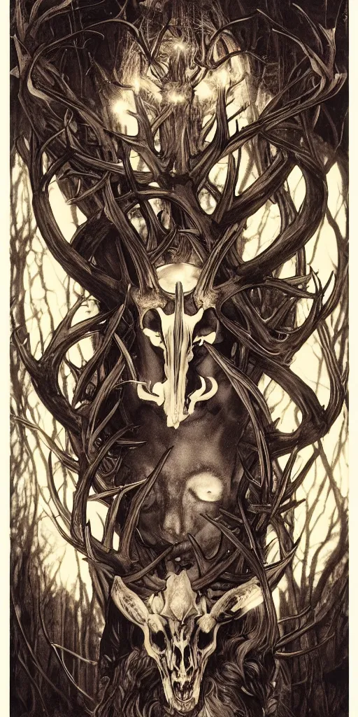 Prompt: intense glowing black metal pagan god with antlers and fangs and intense glowing eyes with a goat skull in very dark forest by marco mazzoni and alphonse mucha, portrait, fantasy, clear, light beams, lens flare, intense, uhd, amazing depth, cinematic lighting
