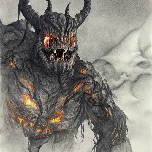 Image similar to the Balrog of Morgoth, detailed watercolour, charcoal painting by Hiro Isono