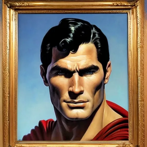 Image similar to an ultra - realistic portrait painting of superman in the style of frank frazetta. 4 k. ultra - realistic. highly detailed. dark fantasy. epic lighting.