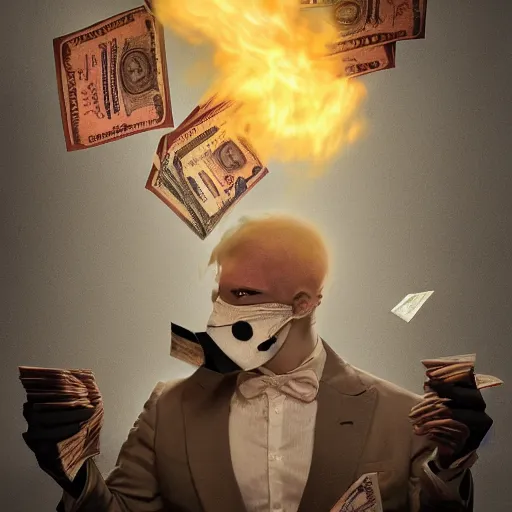 Image similar to epic portrait a clown masked man in a suit burning stack of cash, glowing, steam digital painting, artstation, concept art, soft light, hdri, smooth, sharp focus, illustration, fantasy, intricate, elegant, highly detailed, D&D, matte painting, in the style of Greg Rutkowski and Alphonse Mucha and artemisia, 8k, highly detailed, jurgens, rutkowski, bouguereau, pastoral, rustic, georgic