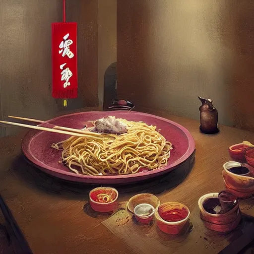 Prompt: Inside a traditional Chinese restaurant, with the chef preparing lots of yakisoba in a giant pot art by Sergey Kolesov