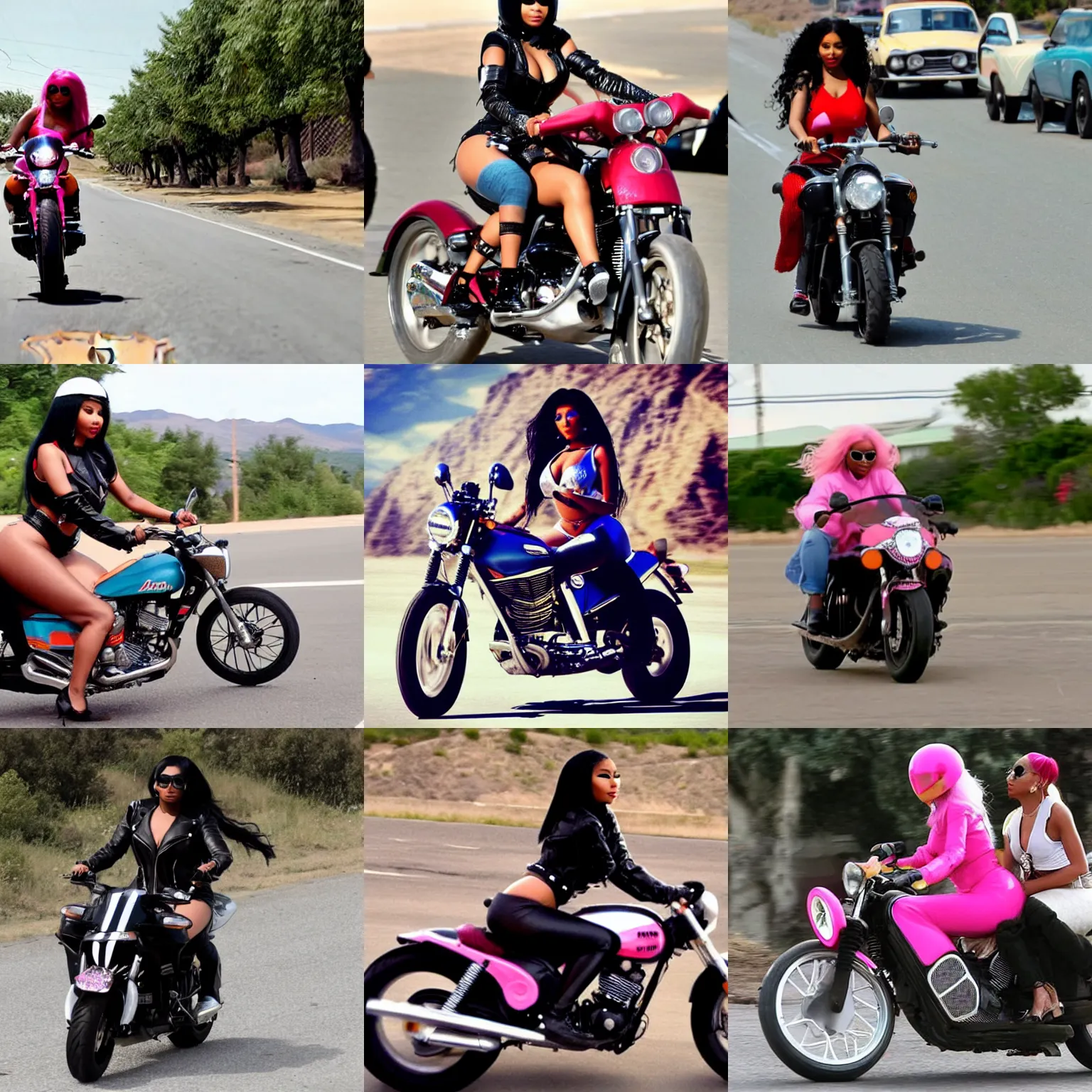 Prompt: Nicki Minaj riding a motorbike on a Route 66