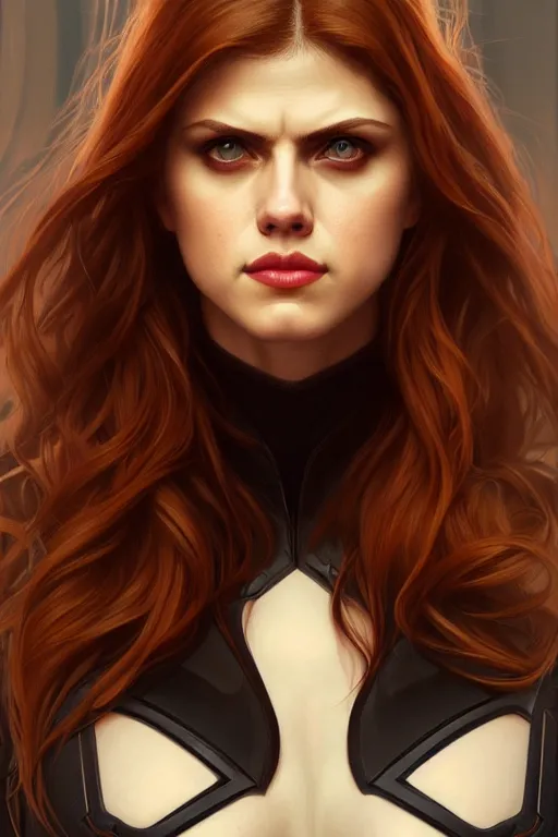 Image similar to alexandra daddario as black widow, realistic portrait, symmetrical, highly detailed, digital painting, artstation, concept art, smooth, sharp focus, illustration, cinematic lighting, art by artgerm and greg rutkowski and alphonse mucha