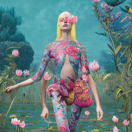 Image similar to pretty model with botanical and water lilies : : by martine johanna and simon stalenhag and chie yoshii and casey weldon and wlop : : ornate, dynamic, particulate, rich colors, intricate, elegant, highly detailed, vogue, harper's bazaar art, fashion magazine, smooth, sharp focus, 8 k, octane render