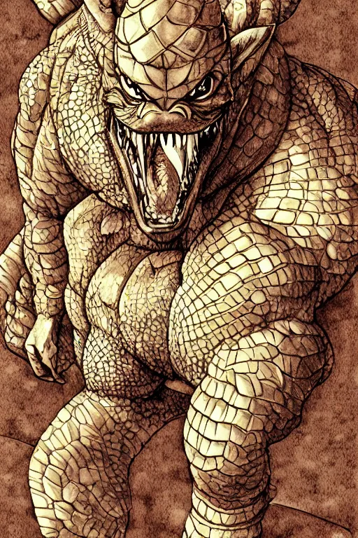 Image similar to portrait of a muscular crocodile man barbarian, furry art, fursona, anthro, detailed scales, akira toriyama