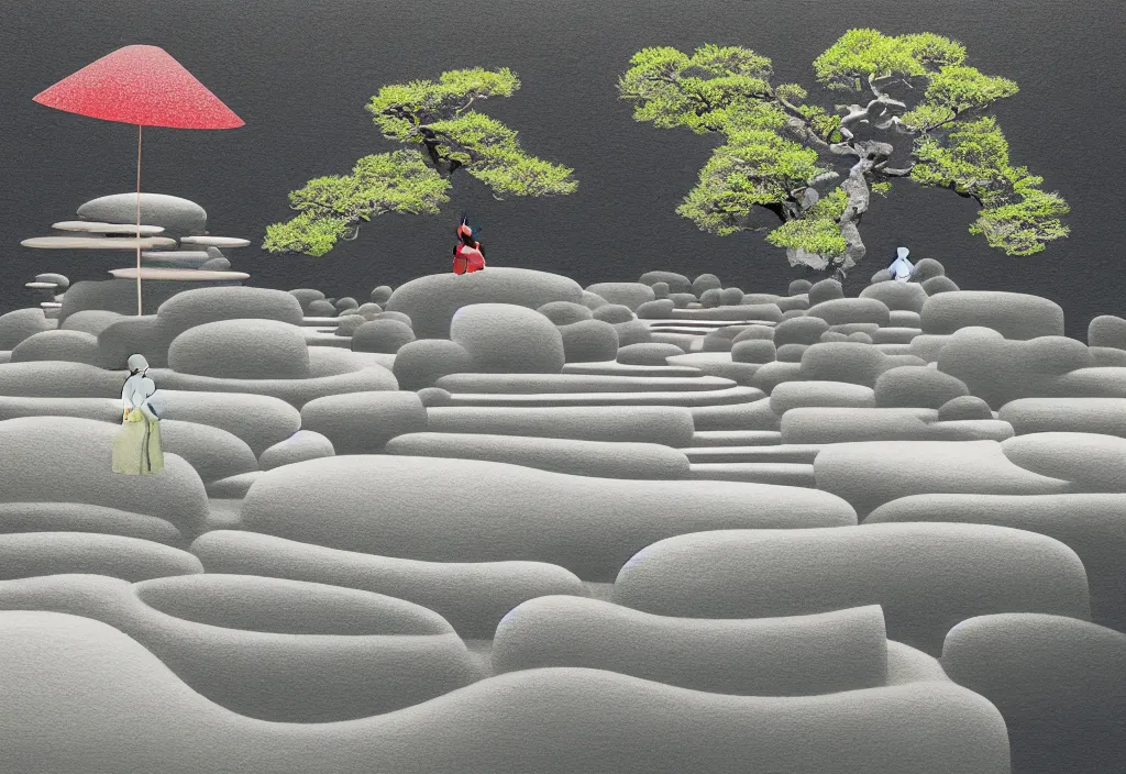 Prompt: zen garden kyoto, japan, a collage painting, in the style of wes anderson, lola dupre, david hockney, isolated on negative white space background dark monochrome fluorescent neon spraypaint accents volumetric octane render