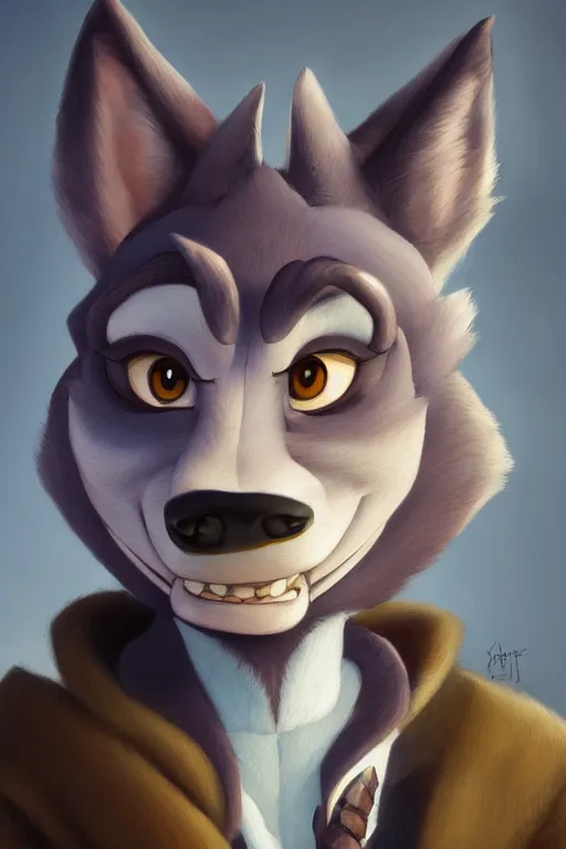 Image similar to oil painting of anthromorphic female wolf, in style of cory loftis, female fursona, furry, furaffinity, 4 k, deviantart, furry art, fursona art, wearing black business suit, business suit, in style of zootopia, wolf fursona, cyberpunk, female, very expressive detailed feminine face,