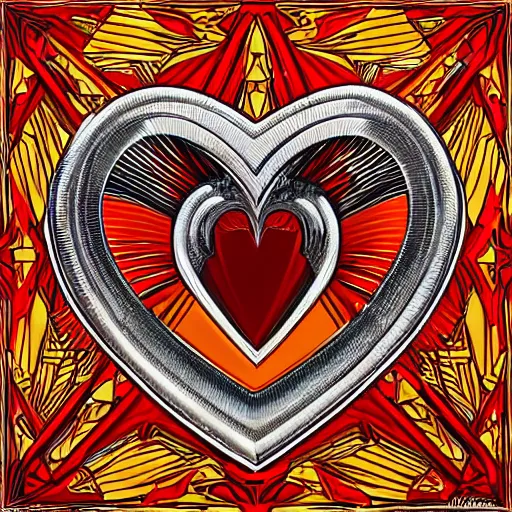 Image similar to a chrome carved heart, intricate artwork, red, orange, yellow colors, graphic style of Patrick Gleason very coherent symmetrical artwork,