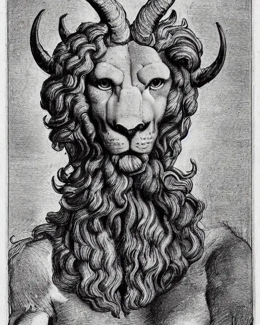 Image similar to a creature with the body and eyes of a man, with the beak of an eagle, the mane of a lion, and the horns of an ox. drawn by da vinci
