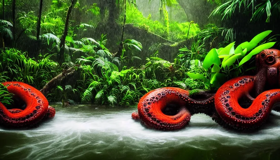 Image similar to a rainy foggy jungle, river with low hanging plants, there is a giant coral colored octopus in the water, great photography, ambient light