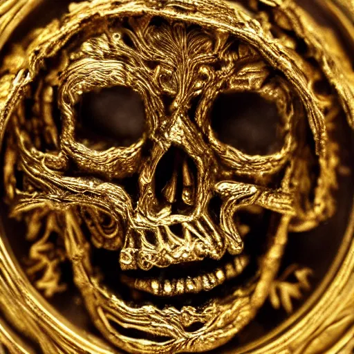 Prompt: 4 4 tiny detailed human eyes embedded in an engraved 1 8 k gold skull plate macro photo deviant realistic