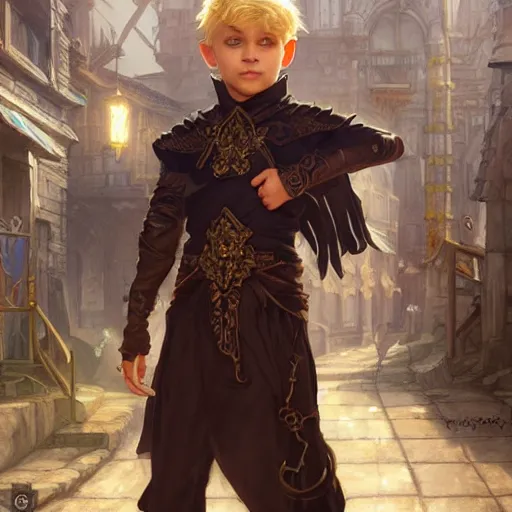 Image similar to portrait of a boy wearing fantasy thief clothing in the slums of a fantasy city, blonde hair, d & d, fantasy, joyful smirk, intricate, elegant, highly detailed, digital painting, artstation, concept art, matte, sharp focus, illustration, art by artgerm and greg rutkowski and alphonse mucha