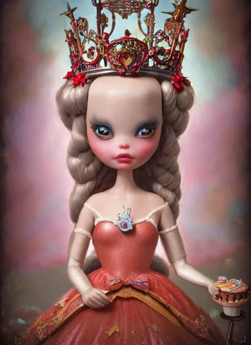 Image similar to highly detailed closeup, face profile portrait of a tin toy fairytale princess wearing a crown eating cakes, bikini, unreal engine, nicoletta ceccoli, mark ryden, earl norem, lostfish, global illumination, detailed and intricate environment