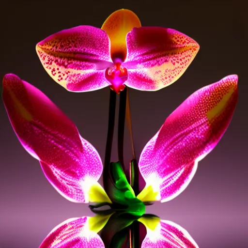 Image similar to an orchid flower, made of metal, cybertronic, reflective, glowing