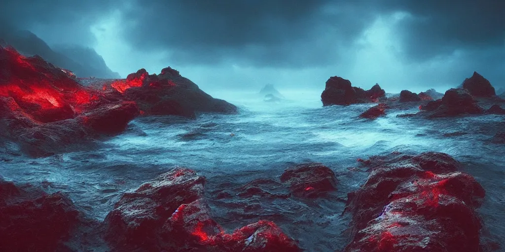 Image similar to beautifully hellish seascape photography by carr clifton, by galen rowell # film kodak ektar 8 k resolution ; night on a fantasy world, concept art by daniel lieske, by dan witz 8 k 3 d 1 6 k,