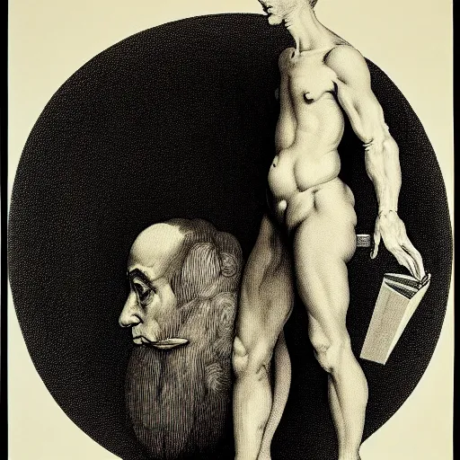 Image similar to lithography on paper conceptual figurative post - morden monumental portrait by goya and escher, illusion surreal art, highly conceptual figurative art, intricate detailed illustration, controversial poster art, polish poster art, geometrical drawings, no blur