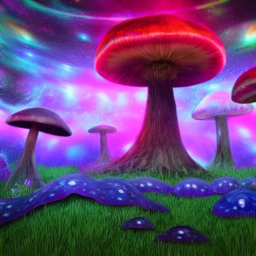 Prompt: psychedelic forest with large mushrooms and nebula sky, shamans, digital art, unreal engine