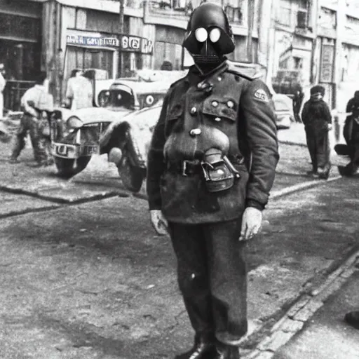 Image similar to police officer posing with gas mask during world war ii in istanbul, photo, realistic