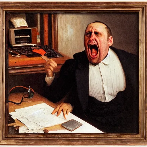 Image similar to an angry man yells at his computer monitor, oil on canvas, 1 8 8 3, highly detailed, high resolution