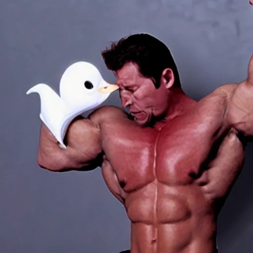 Image similar to film still of an extremely muscular man wearing a plastic goose mask, 1 9 9 8 movie