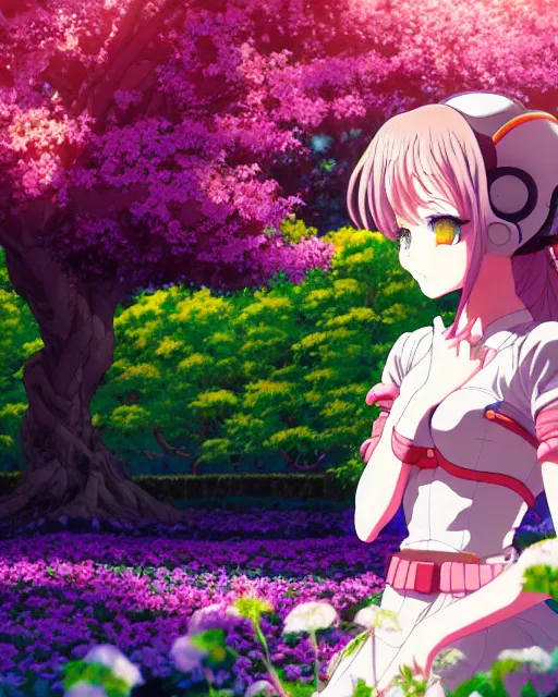 Image similar to cyborg girl in rose garden, contemplation, anime epic artwork, kyoto animation, key visual, 4 k, ultra fine detail