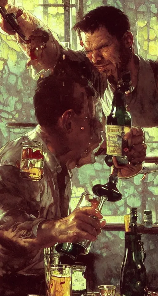 Image similar to close up of bloodied max payne pouring a drink, sun shining, photo realistic illustration by greg rutkowski, thomas kindkade, alphonse mucha, loish, norman rockwell.