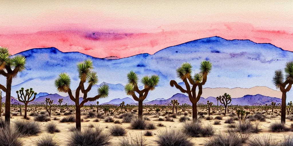 Image similar to hyper detailed Joshua tree desert watercolor painting, boho, mid century, modern, beige and Grey sunset, finely detailed, hd, 8k minimalism, edge to edge, 8k