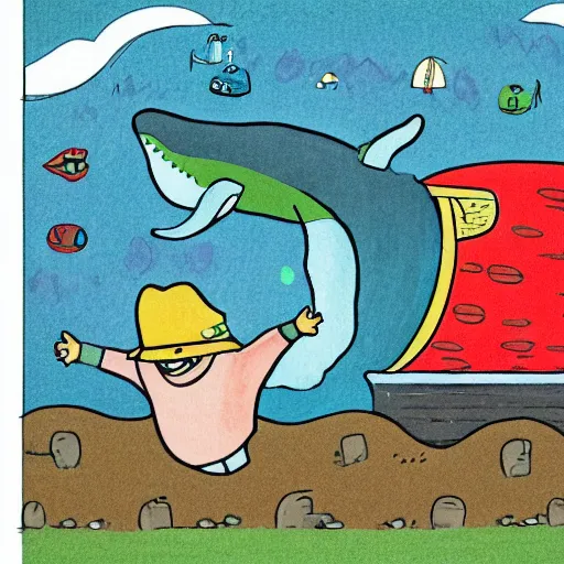 Prompt: an illustration of a happy whale man by richard scarry