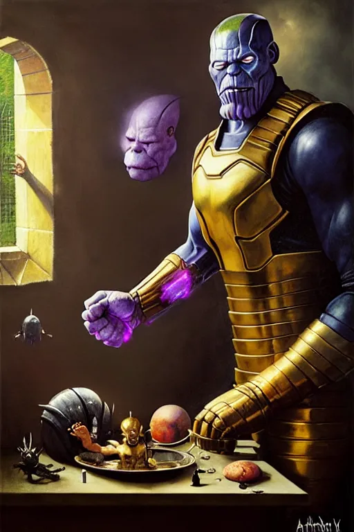 Image similar to hieronymus bosch, greg rutkowski, anna podedworna, painting of thanos eating the infinity gauntlet