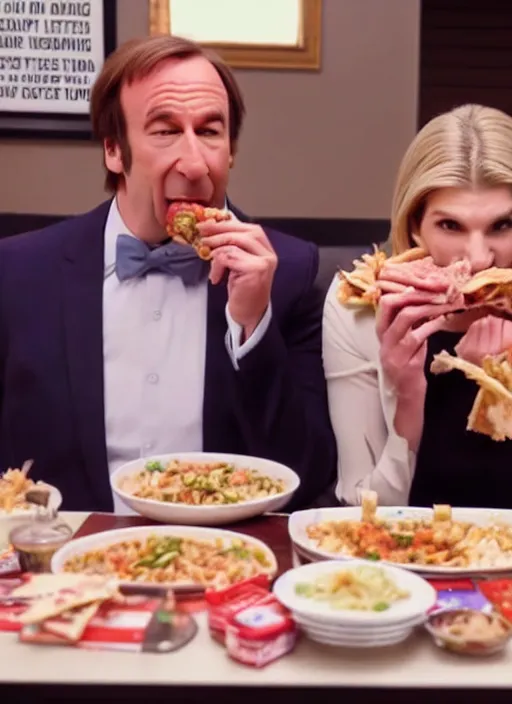 Prompt: polaroid of saul goodman and kim wexler scarfing down food, mukbang, dripping juices, gorging, disgusting