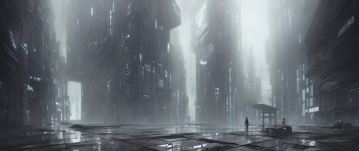 Image similar to dystopian cyberpunk world, with doors everywhere, grey sky, monochrome except doors, concept art, matte painting, high detail, doors on floor, dark, buildings made of doors, large scale, digital painting, style of jordan grimmer, high res