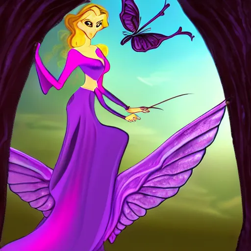 Image similar to fairy with wings, similar to maleficent, cartoon style