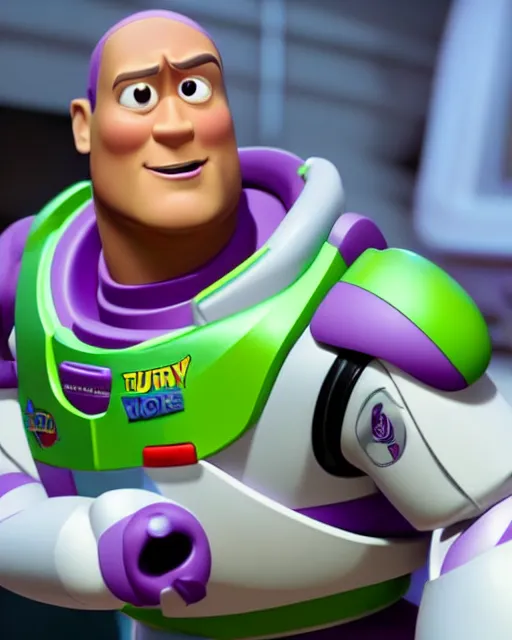 Image similar to Film still close-up shot of Dwayne Johnson as Buzz Lightyear in the movie Toy Story 3. Photographic, photography