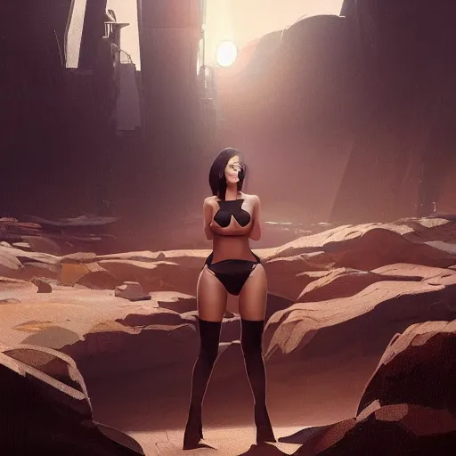 Image similar to kodak portra. by wlop, ilya kuvshinov, krenz cushart, greg rutkowski, trending on pixiv. zbrush sculpt, octane, maya, houdini, vfx. cute kim kardashian wearing futuristic solar punk bikini armor. digital painting. cinematic dramatic atmosphere, sharp focus, volumetric lighting.