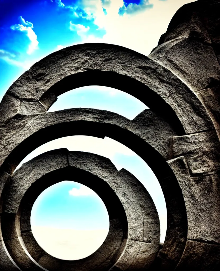 Image similar to stargate made of stone that form a circle, cinematic view, epic sky