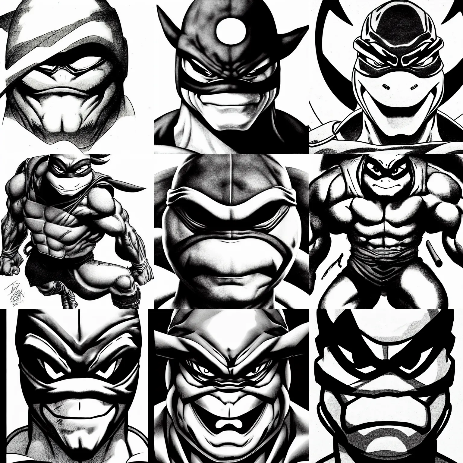 Prompt: anthropomorphic ninja turtle!!! jim lee!!! face macro shot!! flat! ink sketch grayscale by jim lee close up in the style of jim lee, ( attention pose ) ninja! battle rugged hulk turtle animal superhero by jim lee