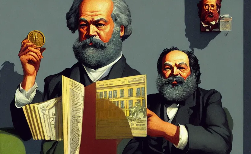 Image similar to Karl marx Holding bitcoins and dreaming about capitalism, highly detailed, very coherent, painted by Francis Bacon and Edward Hopper, Wayne Barlowe, painted by James Gilleard, surrealism, airbrush, art by JamesJean