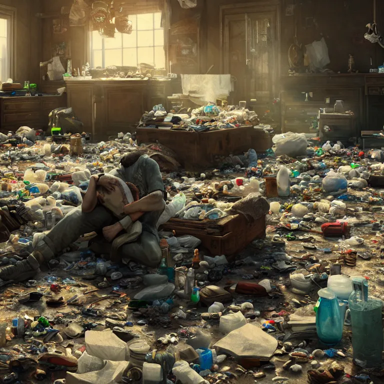 Image similar to a cinematic shot of a hoarder in a room filled with garbage, octane render, volumetric lighting, nvidia raytracing demo, by Andy Thomas, Mario Martinez, Daniel Mirante, Gustave Dore, Artstation, CGsociety, masterpiece