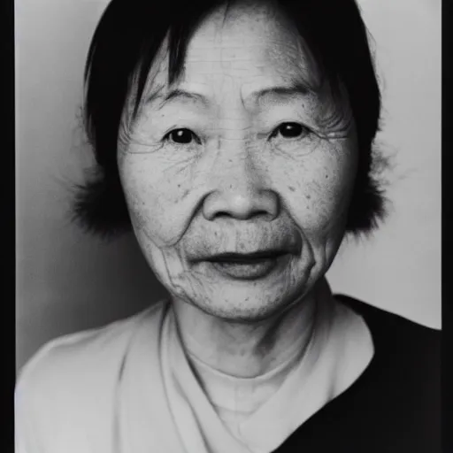 Image similar to photo of Mui Yim Fong by Diane Arbus, extreme closeup, black and white, high contrast, Rolleiflex, 55mm f/4 lens