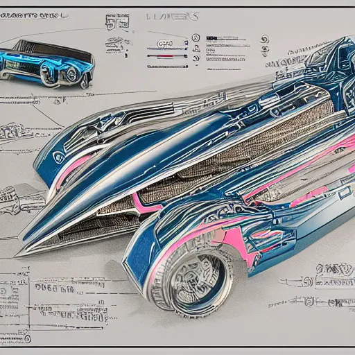 Image similar to colorful blueprint for the Batmobile, epic composition, labeled diagrams, high detail, high contrast illustrations