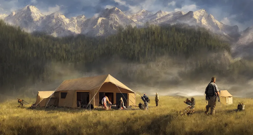 Image similar to cabela's beautiful comfortable carbon framed, modular insulated wall portable container home kit - house all weather family dwelling tent house, person in foreground, mountainous forested wilderness open fields, beautiful views, painterly concept art, environmental concept art, concept art illustration, by james gurney, by craig mullins, by greg rutkowski trending on artstation