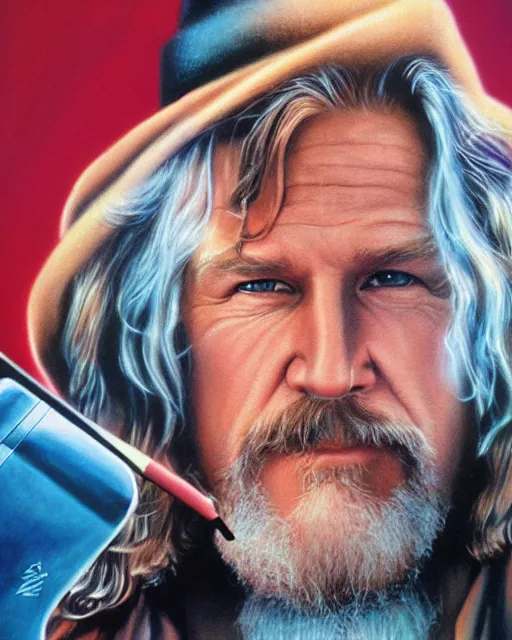 Prompt: jeff bridges in the big lebowski, airbrush, drew struzan illustration art, key art, movie poster