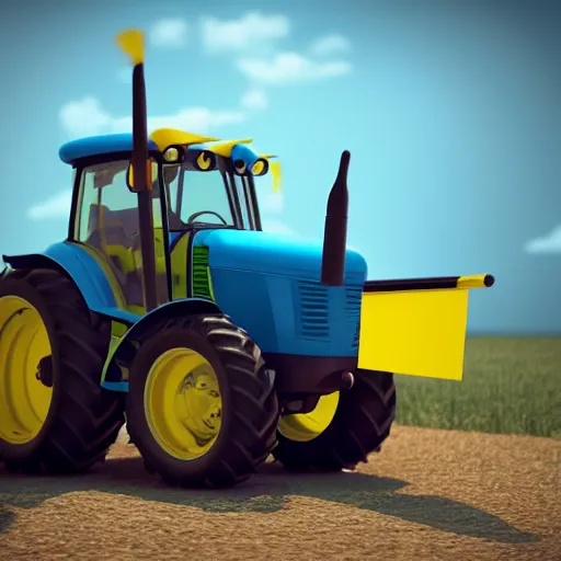 Prompt: a tractor with a ukrainian blue and yellow flag by goro fujita, 3 d octane render