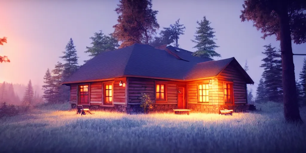 Image similar to a cozy little house in the woods, relaxing, 3 d concept art by philipp urlich, chill, relaxing, peaceful, sunset, extremely detailed art, unreal engine 5, hyper realism