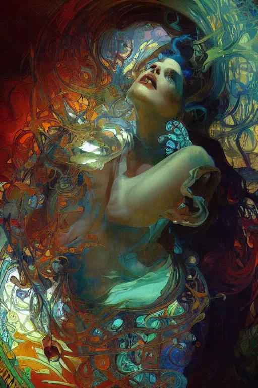 Prompt: a beautifull intricate painting of a disembodied soul surrounded by fractals, vivid colors, artstation, by jeremy mann, by alphonse mucha,