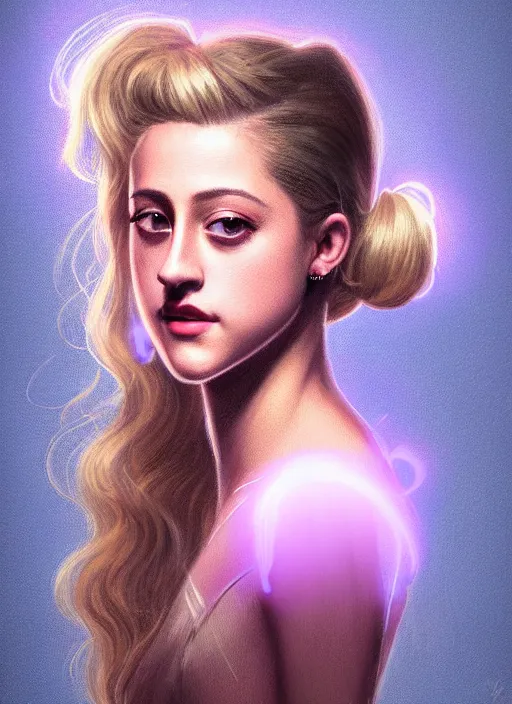 Image similar to portrait of lili reinhart with fluffy bangs, bangs, 1 9 6 0 s, ponytail, curly bangs and ponytail, rounder face, intricate, elegant, glowing lights, highly detailed, digital painting, artstation, concept art, smooth, sharp focus, illustration, art by wlop, mars ravelo and greg rutkowski