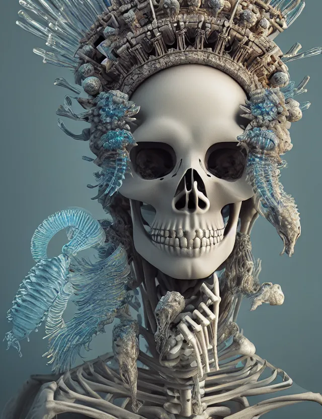 Prompt: 3 d goddess skeleton macro close - up portrait with crown made of ram skull. betta fish, jellyfish phoenix, bioluminiscent, plasma, ice, water, wind, creature, super intricate ornaments artwork by tooth wu and wlop and beeple and greg rutkowski