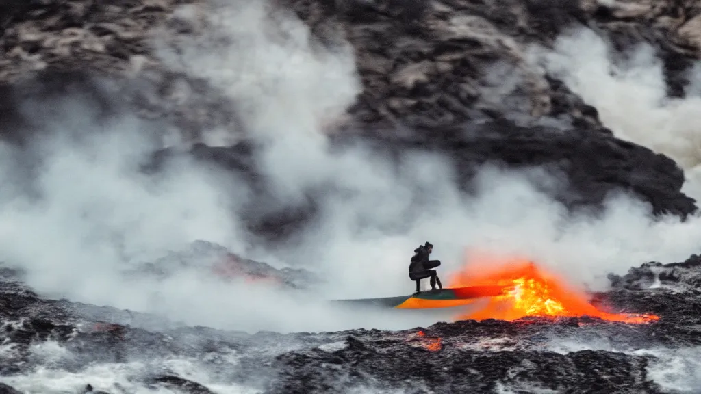 Prompt: person in armor surfing down a river of lava on the side of a volcano on surfboard, action shot, dystopian, thick black smoke, motion blur, sharp focus, cinematic, warren miller, tilt shift lens