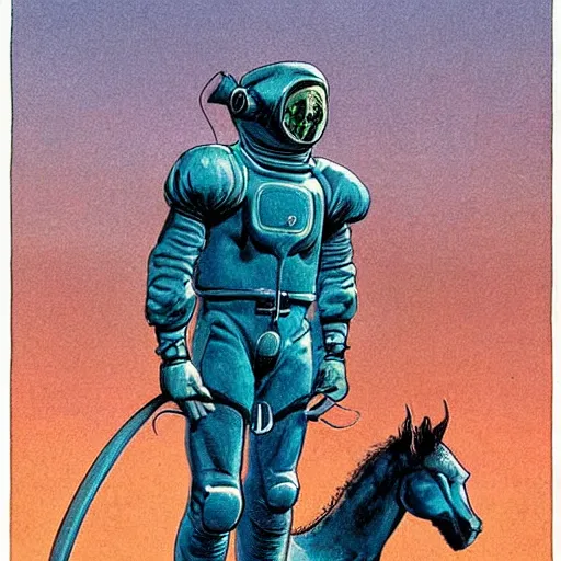 Image similar to Centaur wearing a spacesuit. Concept art by James Gurney and Moebius.