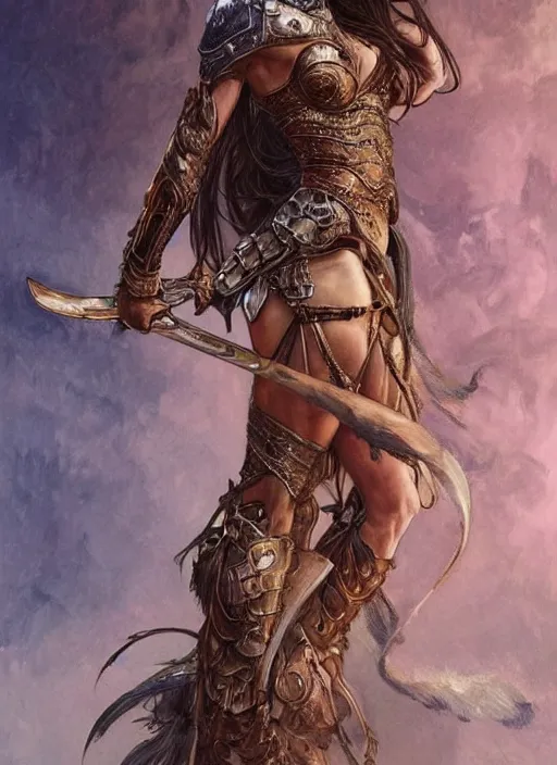 Prompt: Sandra Bullock as a beautiful warrior woman, fantasy, intricate, elegant, highly detailed, centered, digital painting, artstation, concept art, smooth, sharp focus, illustration, art by artgerm and donato giancola and alphonse mucha